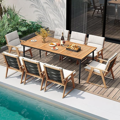 Tangkula 79" Acacia Wood Outdoor Dining Table for 8, Large Rectangular Patio Table with 1.9" Umbrella Hole, Metal Frame & Foot Pads, 8-Person Outside Table for Garden, Poolside & Backyard