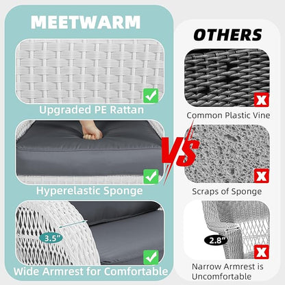 MEETWARM Outdoor Wicker Rocking Chair, Rattan Patio Rocker Chairs with Cushions and High Back, All-Weather Patio Wicker Chair with Safe Rocking Design for Garden Backyard Porch, White/Grey