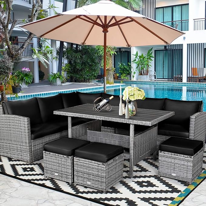 COSTWAY 7 PCS Wicker Outdoor Conversation Set, Patio Sectional Furniture Sofa Set with Table & Seat Cushions, Rattan Furniture Sets for Backyard Garden Poolside Porch, Black