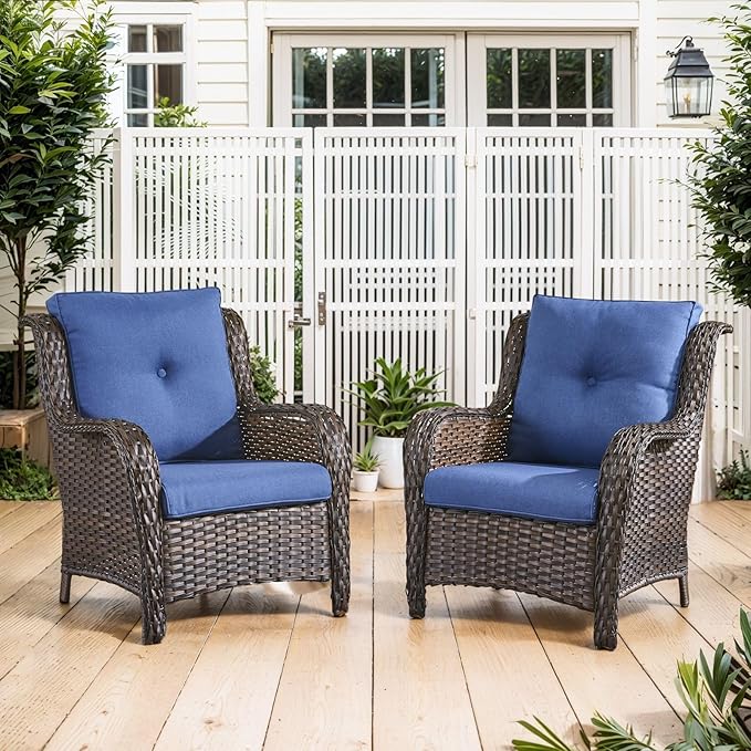 Belord High Back Patio Chairs Set of 2 - Brown Wicker Chairs Outdoor Seating, 4" Wide Armrests Rattan Outdoor Club Chair with Blue Removable Cushion for Deck Porch Backyard