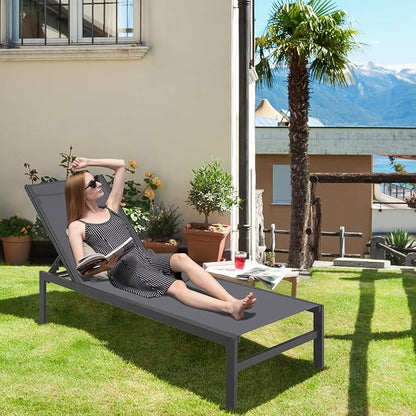 Giantex Patio Chaise Lounge Chair, Outdoor Sunbathing Chair Lawn Reclining Lounger with 6 Adjustable Position, Aluminium Frame, Outside Tanning Chairs for Deck,Yard, Pool Lounge Chairs (1, Gray)