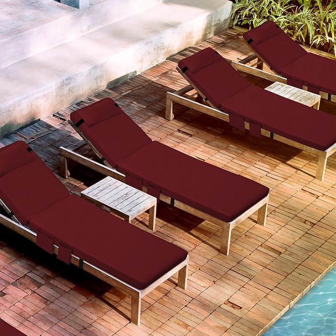 Tondiamo 2 Set Outdoor Chaise Lounge Cushions with Pillows and Storage, 72 x 21 x 3 Inch Outdoor Lounge Chair Seat Pads Outside Waterproof Chaise Cushion for Lawn Patio Furniture(Wine Red)