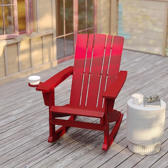 Flash Furniture Halifax Adirondack Rocking Chair with Cup Holder, Weather Resistant Poly Resin Adirondack Rocking Chair, Red