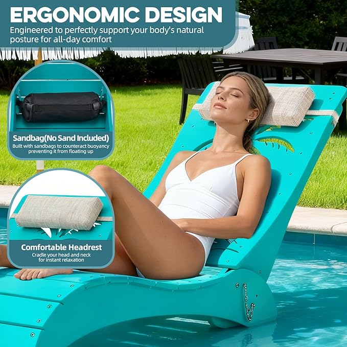 in Pool Lounge Chairs Set of 2, HDPE Pool Chaise Loungers for Sun Shelf up to 9 Inches, Fade-Resistant, 3-Position Adjustable Backrest with Headrest, Ergonomic Poolside Lounger, Blue