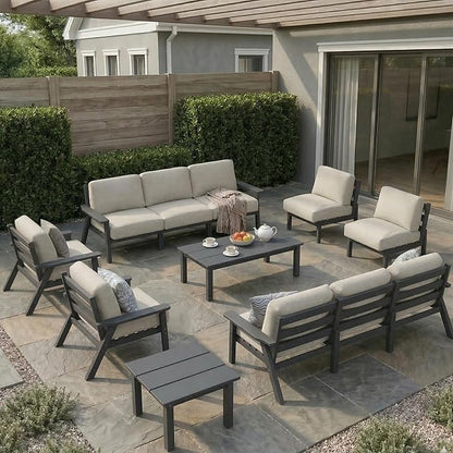 HDPE Patio Furniture Set 10 Seats, Outdoor Couch with Washable Thick Beige Cushions & Coffee Table & Side Table, Outdoor Sectional Furniture for Backyard, Deck, Lawn, Porch (Gray Frame)