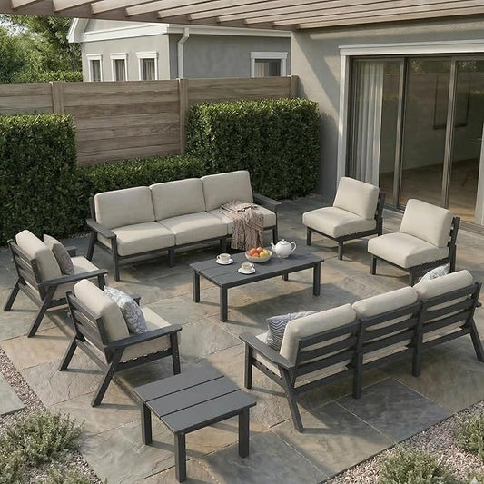 HDPE Patio Furniture Set 10 Seats, Outdoor Couch with Washable Thick Beige Cushions & Coffee Table & Side Table, Outdoor Sectional Furniture for Backyard, Deck, Lawn, Porch (Gray Frame)