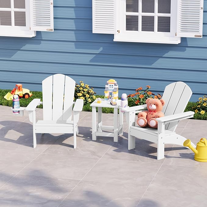 WestinTrends Malibu 3-Piece Kids HDPE Adirondack Chairs Set with Square Side Table and Cup Holders, White