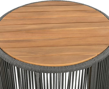 LUMISOL Rattan Rope & Acacia Wood Coffee Table for Outdoor, Patio Center Table with Wood Top, 26" Cocktail Table for Garden, Yard, Balcony, Teak+ Grey