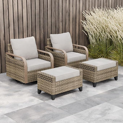 Modern Wicker Outdoor Swivel Rocking Chairs, Rattan Glider Rocker Patio Furniture for Backyard, Deck, Porch, Garden, 2 Chairs 2 Ottomans, Brown/Gray