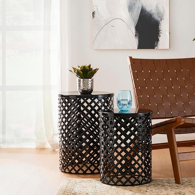 Glitzhome Outdoor Side Table Set of 2, Decorative Garden Stool for Patio Heavy Duty Metal Frame Modern Accent Table, Black
