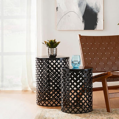 Glitzhome Outdoor Side Table Set of 2, Decorative Garden Stool for Patio Heavy Duty Metal Frame Modern Accent Table, Black