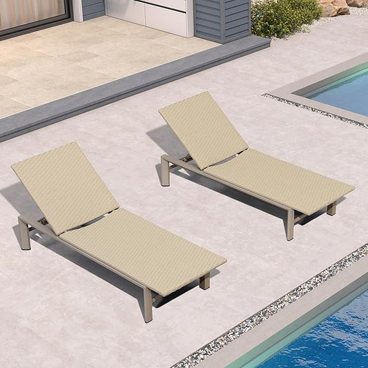 PURPLE LEAF Oversize Patio Wicker Chaise Lounge 2 Piece, Aluminum Outdoor Pool Lounge Chair with Adjustment Backrest, Breathable Lounger Sunbath Tanning Recliner for Poolside, Garden, Khaki