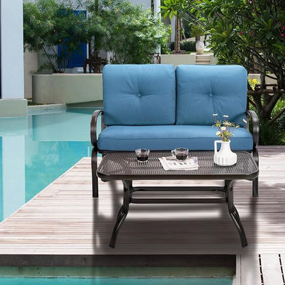 DORTALA 2-Piece Patio Furniture Set, Outdoor Indoor Loveseat and Coffee Table Set, Outdoor Sofa Metal Garden Bench with Soft Cushions, for Balcony, Lawn,Porch, Poolside, Navy