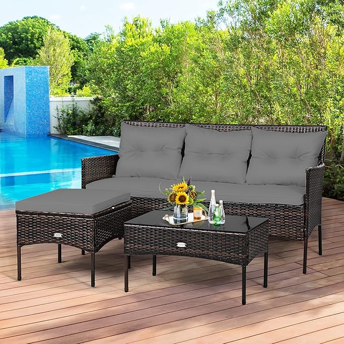 Tangkula 3 Pieces Patio Conversation Set, All Weather Outdoor PE Rattan Wicker Furniture Set with Padded Cushions - Photo 3