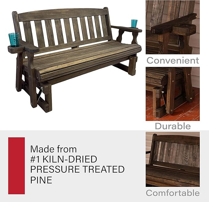 Amish Heavy Duty 800 Lb Mission Pressure Treated Porch Glider with Cupholders (4 Foot, Dark Walnut Stain) - Photo 6