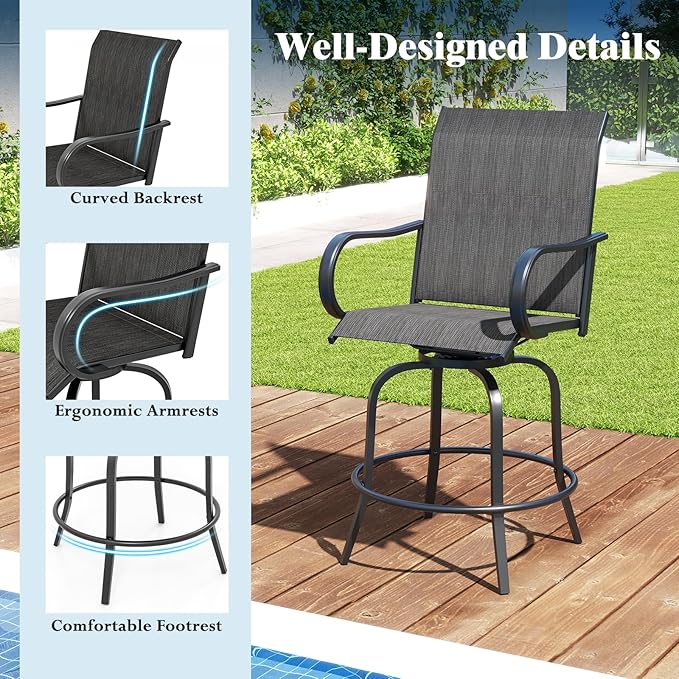 Tangkula Outdoor Swivel Bar Stools Set of 2, Bar Height Tall Patio Chairs with Armrests & High Back - Photo 7