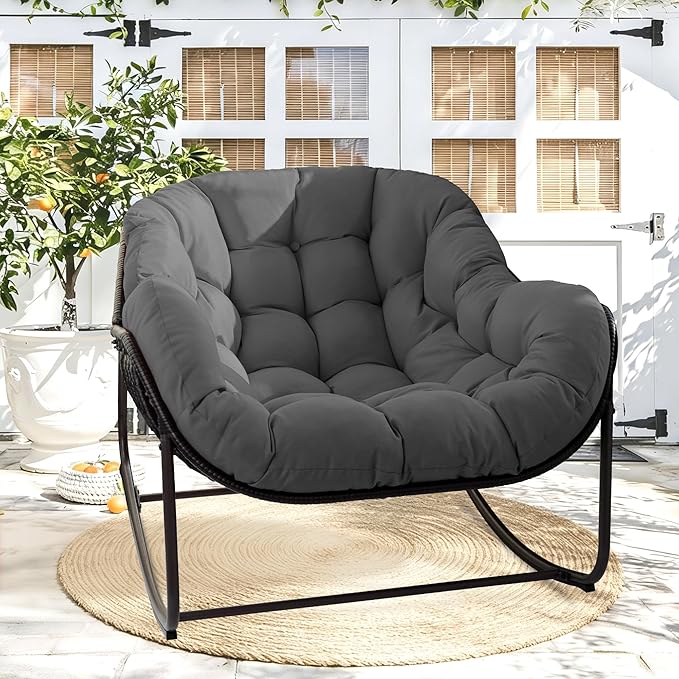 Papasan Rocking Chair Indoor & Outdoor, Oversized Egg-Shaped Papasan Rocker with Cushion & Pillow, All-Weather Wicker Patio Lounge Chair for Garden, Porch, Living Room (Gray)