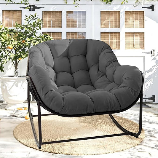 Papasan Rocking Chair Indoor & Outdoor, Oversized Egg-Shaped Papasan Rocker with Cushion & Pillow, All-Weather Wicker Patio Lounge Chair for Garden, Porch, Living Room (Gray)