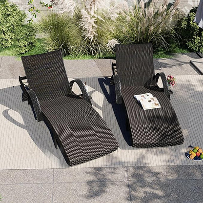 80'' Long Outdoor Wicker Chaise Lounge Chairs Set of 2, Patio Rattan Reclining Chair with Adjustable Backrest & Armrests, Durable PE Rattan Sunbathing Chairs for Pool, Garden, Backyard, Dark Brown
