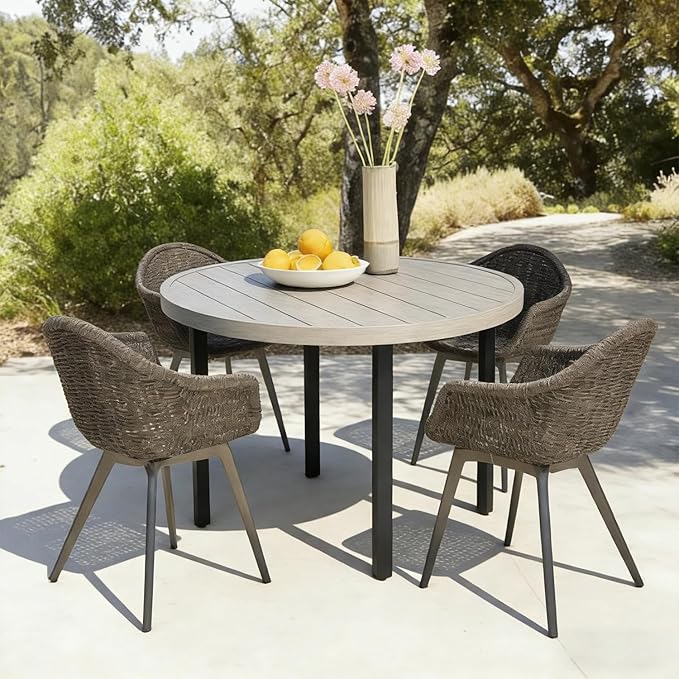 All-Weather 42" Round Outdoor Patio Table for 4, Metal Ivory Dining Table with Adjustable Umbrella Hole, Garden - Photo 1