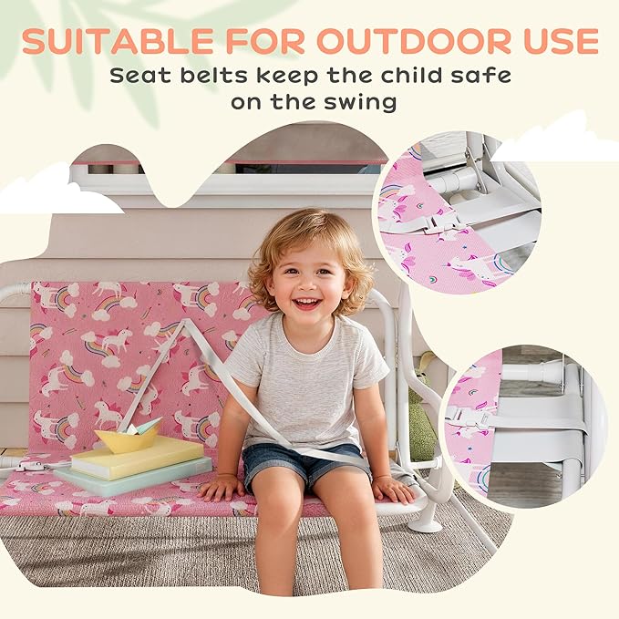 Qaba Kids Patio Swing, 2-Seater Outdoor Porch Swing Chair with Adjustable Canopy, Safety Belt, Unicorn & Rainbow Pattern Hanging Swing Bench for Garden, Backyard, Pink