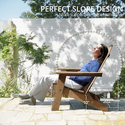 LUE BONA Folding Adirondack Chair Set of 4, HDPS Weather Resistant Patio Chair, 350lbs Heavy Duty, One-Step Folding for Balcony Garden, Wood Grain Texture, Outdoor Fire Pit Seating, Brown