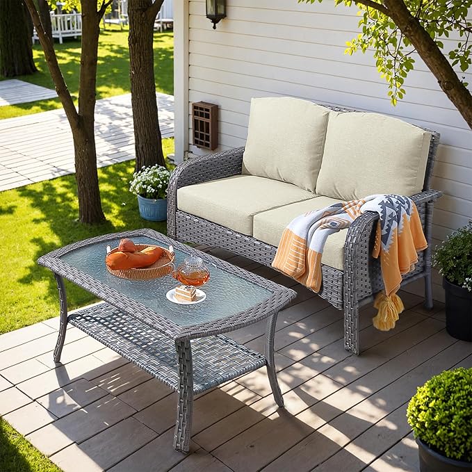 HOOOWOOO Patio Furniture Set,Outdoor High Back Loveseat Set,All Weather Wicker 2-Seater-Sofa Love Seat with Table,Beige - Photo 1