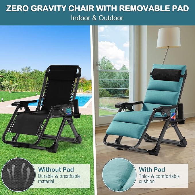 NAIZEA Padded Zero Gravity Chair, Folding Outdoor Lounge Chairs, Adjustable Reclining Camping Chairs with Cup Holder - Photo 5