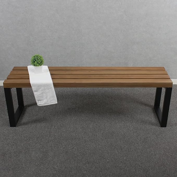 MBQQ Outdoor Soild Wood Bench,55 inch Patio Picnic Bench,Oil Finished Backless Wooden Garden Park Bench for Patio Porch, Modern Slim Indoor Dining Furniture,Sandblast Finish/Rustic Metal,Teak Color