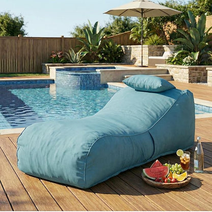 Merax Outdoor Bean Bag Chairs with Headrest, 71" L Large Lounger Chair for Adults Bean Bag Bed with Foam Filled for Patio Pool Balcony & Desk, Beige Fabric Outside Beanbag Chair, Teal