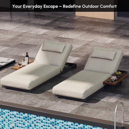 homary Modern Outdoor Lounge Chair, 2 PCS Patio Pool Lounger Outdoor Chaise with Beige Cushions & Built-in Side Table, Adjustable Backrest, Weather-Resistant Metal Frame