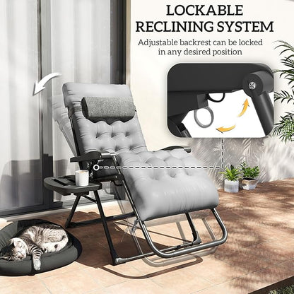 Outsunny Zero Gravity Chair, Folding Reclining Lounge Chair with Padded Cushion, Side Tray for Indoor and Outdoor, Supports up to 264 lbs, Gray