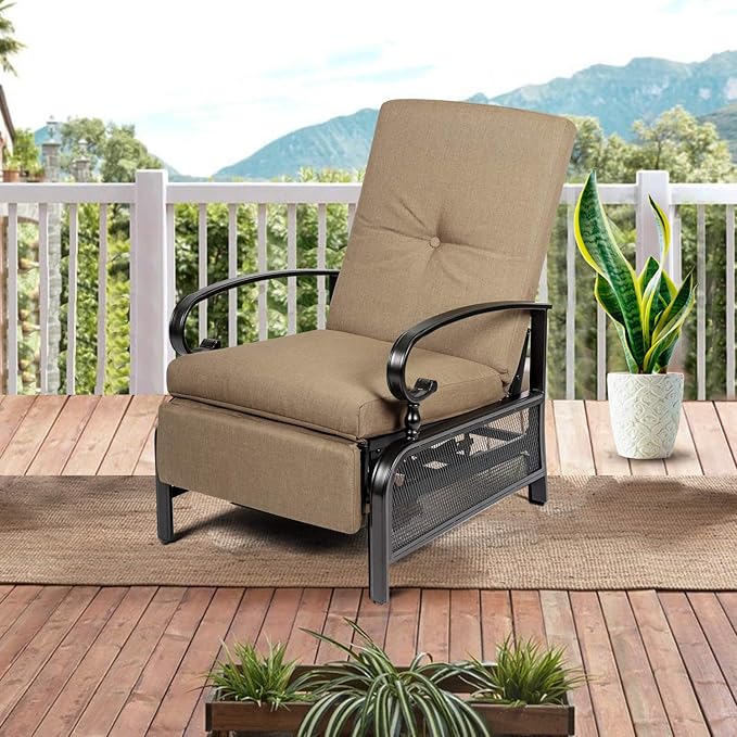 Incbruce Outdoor Lounge Chair Patio Furniture Adjustable Recliner with Retractable Steel Frame and Removable Thick Cushions - Brown