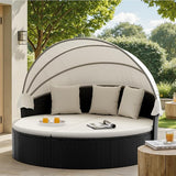 Patio Furniture Round Outdoor Daybed with Retractable Canopy Wicker Rattan Sectional Sofa for Lawn Garden Backyard Pool - Photo 1