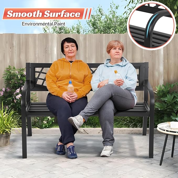 Garden Bench Patio Bench Outdoor Park Bench Metal Outside Porch Chair Seat Cast Iron Steel Frame Sturdy Bench Patio Furniture for Yard Porch Entryway Lawn Decor Deck, Black, 46 in
