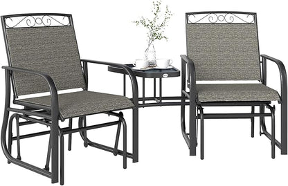Outsunny Outdoor Glider Chairs with Coffee Table, Patio 2-Seat Rocking Chair Swing with Breathable Sling for Backyard, Garden and Porch, Gray