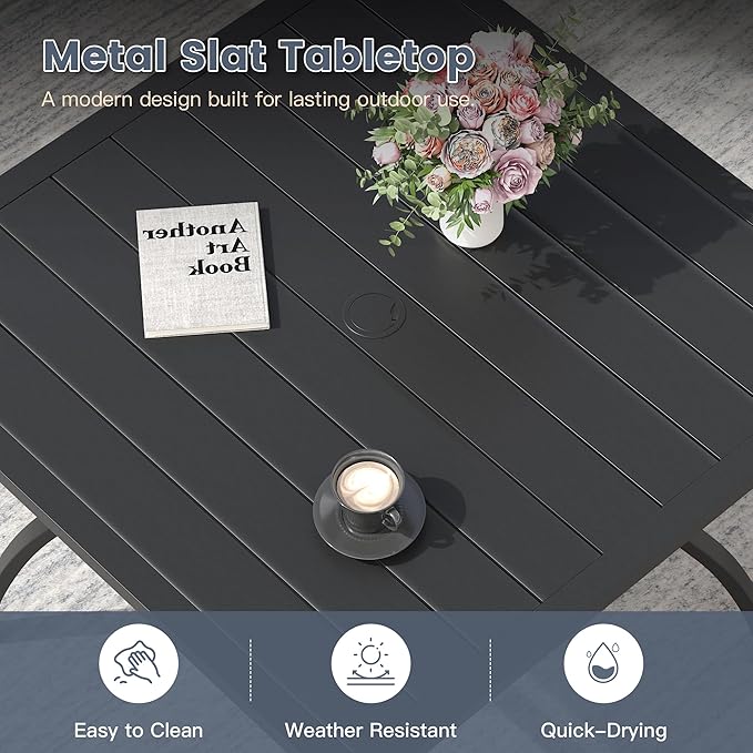 VICLLAX Outdoor Patio Dining Table for 4, Square Metal Table with Umbrella Hole and Storage Shelf for Garden, Lawn, Balcony, Deck, Black