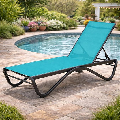 Kozyard Outdoor Chaise Lounge Chair, Full Aluminum Frame and Textilene Fabric, Adjustable Reclining Patio Lounger for Poolside, Sunbathing & Backyard (Aqua)