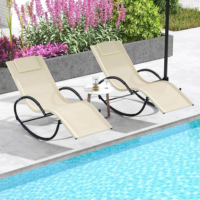 Tangkula Rocking Lounge Chair Outdoor, Zero Gravity Chaise Lounger with Removable Headrest, Fabric Backrest & Seat - Photo 4