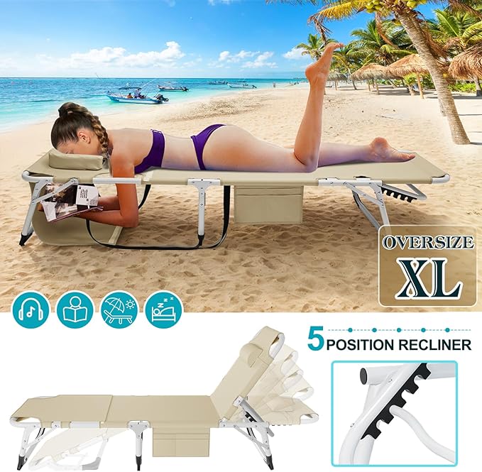 ABORON Heavy Duty Tanning Chair, Outdoor 5-Position Folding Chaise Lounge Chair with Pad - Photo 5