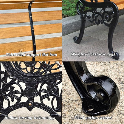 Metal Garden Bench, Cast Iron and Wood Park Bench with Backrest and Armrests, Comfortable Natural Slatted Wood Seat, for Indoor, Outdoor, Patio, Park(A,59 * 22.8 * 30.7"/150 * 58 * 78cm)