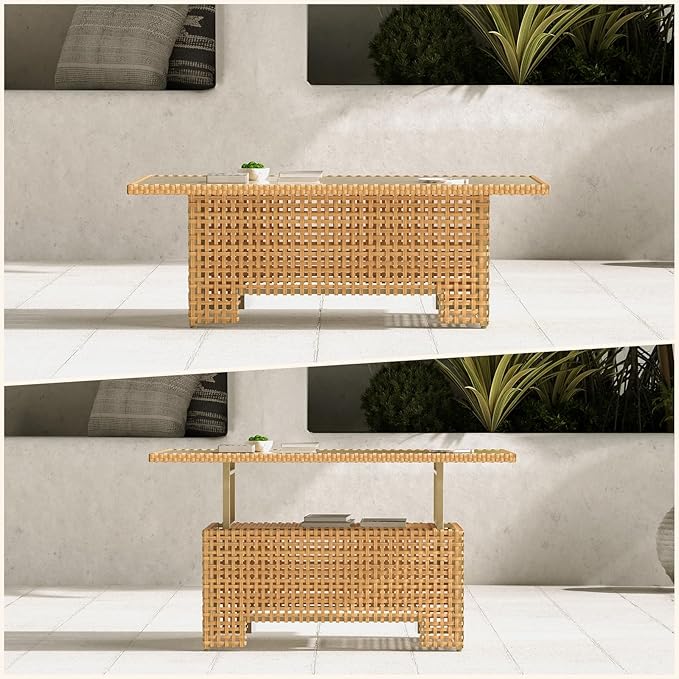 Grand patio Outdoor & Indoor Coffee Dining Table -Wicker Rattan, Adjustable Slat Lift Top, Picnic, Storage Shelf - Beige - Photo 1