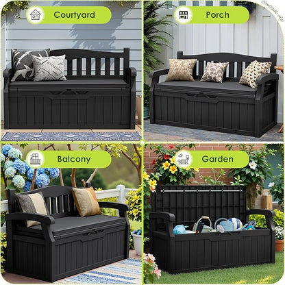 Greesum 80 Gallon Heavy-Duty Outdoor Storage Bench with Cushion, UV-Resistant Resin Bench with Armrest, Deck Box for Garden, Poolside, Patio, Black