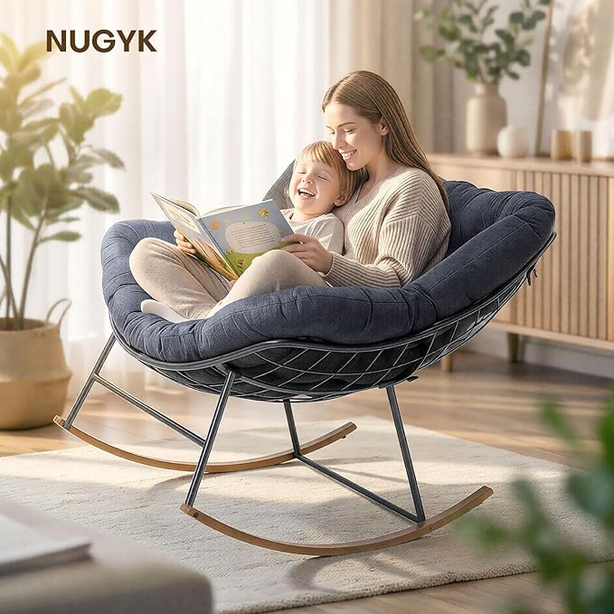 Oversized Outdoor Rocking Chair, Egg Patio Papasan Chair, Comfy Rocker Reading Lounge, for Porch, Garden, Bedroom, Living Room, Balcony, Indoor, Dark Gray