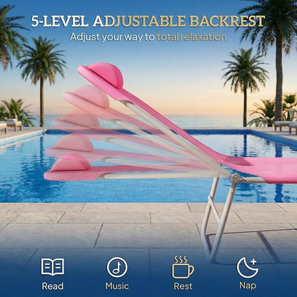 Outsunny Folding Chaise Lounge Chair, Pool Sun Tanning Chair, Outdoor Lounge Chair with Reclining Back, Breathable Mesh Seat, Headrest for Beach, Yard, Patio, Pink