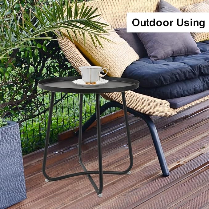 J.M.Deco Outdoor Side Table Set of 2, Small Round Patio Table Weather Resistant Steel, Small Accent End Table for Patio Yard Garden, Balcony, Bedside, Indoor & Outdoor (Black)