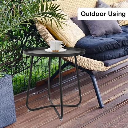 J.M.Deco Outdoor Side Table Set of 2, Small Round Patio Table Weather Resistant Steel, Small Accent End Table for Patio Yard Garden, Balcony, Bedside, Indoor & Outdoor (Black)