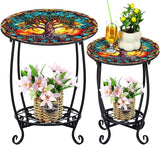 2 Pcs Outdoor Side Table Small Patio Round Mosaic Accent End Table Indoor Plant Metal Coffee Tea Tables for Patio Yard - Photo 1