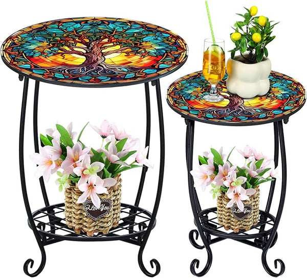 2 Pcs Outdoor Side Table Small Patio Round Mosaic Accent End Table Indoor Plant Metal Coffee Tea Tables for Patio Yard - Photo 1