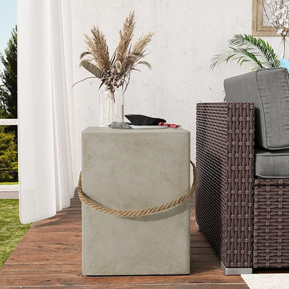 SUNBURY Concrete Side Table Set of 2, Outdoor Side Table for Patio, 18" H Outdoor Accent Table w Hemp Rope, Patio Side Table End Table in Medium Gray, Ceramic Side Table Garden Stool Log Table